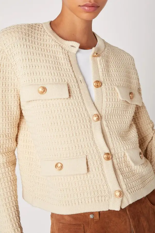 Cream Tweed Style Knit Cardigan