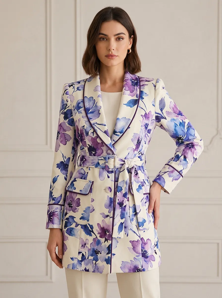 Women's Floral Pattern Watercolor Purple Blue Printed Blazer