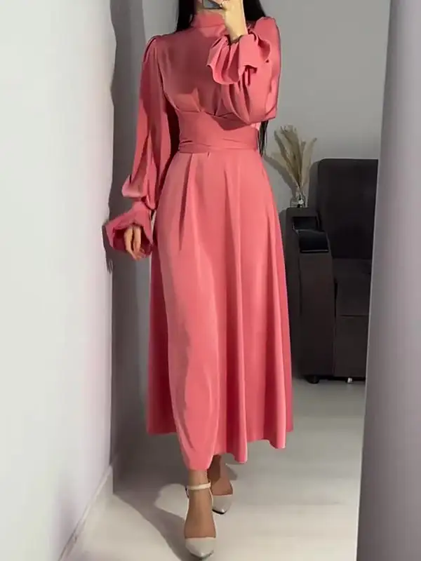 Sleeves Color Pleated Long Neck Maxi Dress