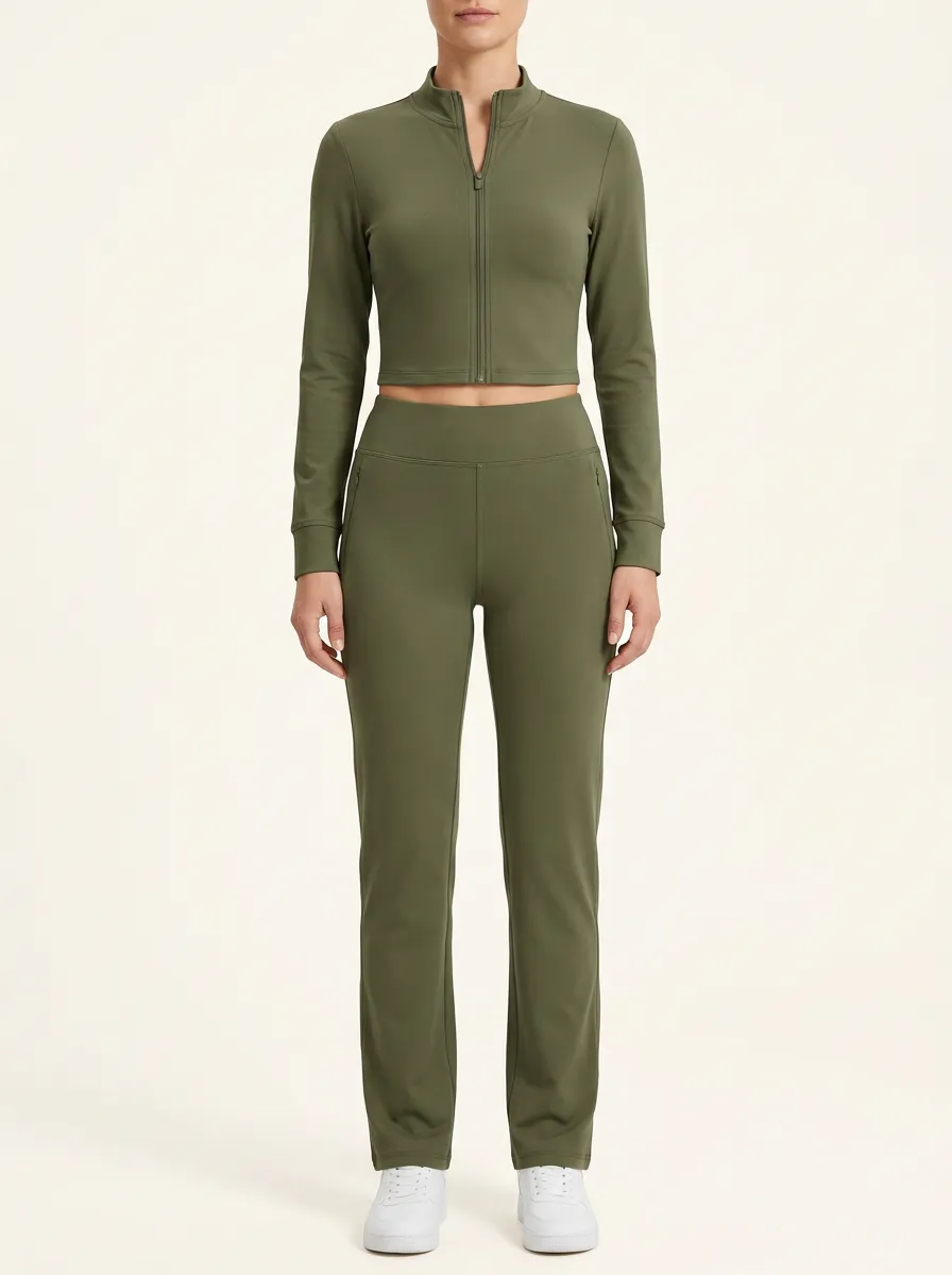 Women's Mock-Neck Zip-Up Cropped Jacket and Zip-Pocket Straight-Leg Pant Set