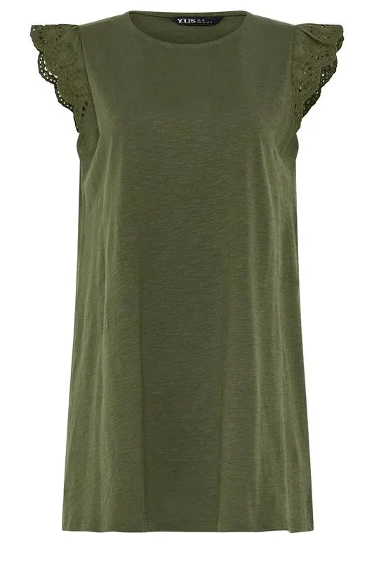 Khaki Green Broderie Frill Vest Top