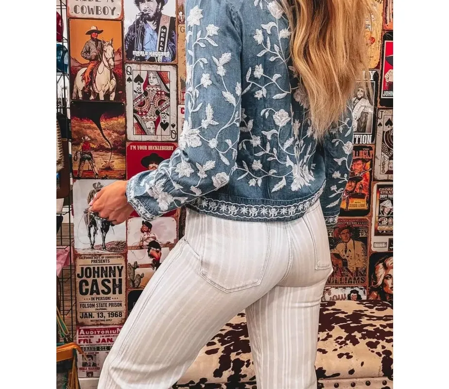 Floral Embroidered Button-Up Denim Shirt