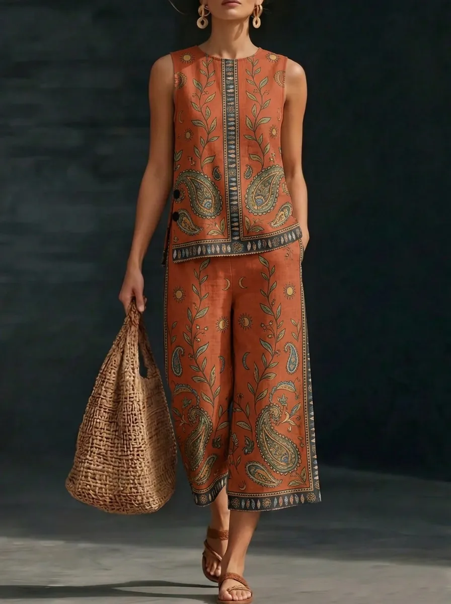 Women's Bohemian Paisley Floral Printed Sleeveless Set