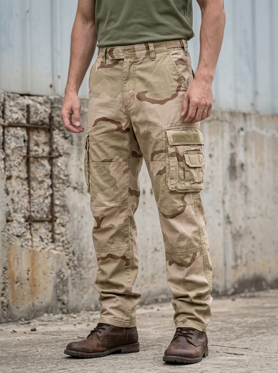 Men's Desert Camo Hook-and-Loop Pocket Reinforced Knee Cargo Pants