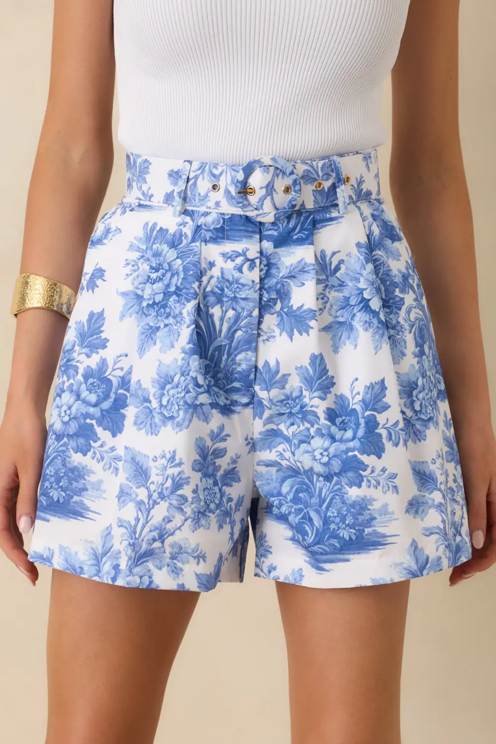 High-Rise Belted Cotton Floral Shorts