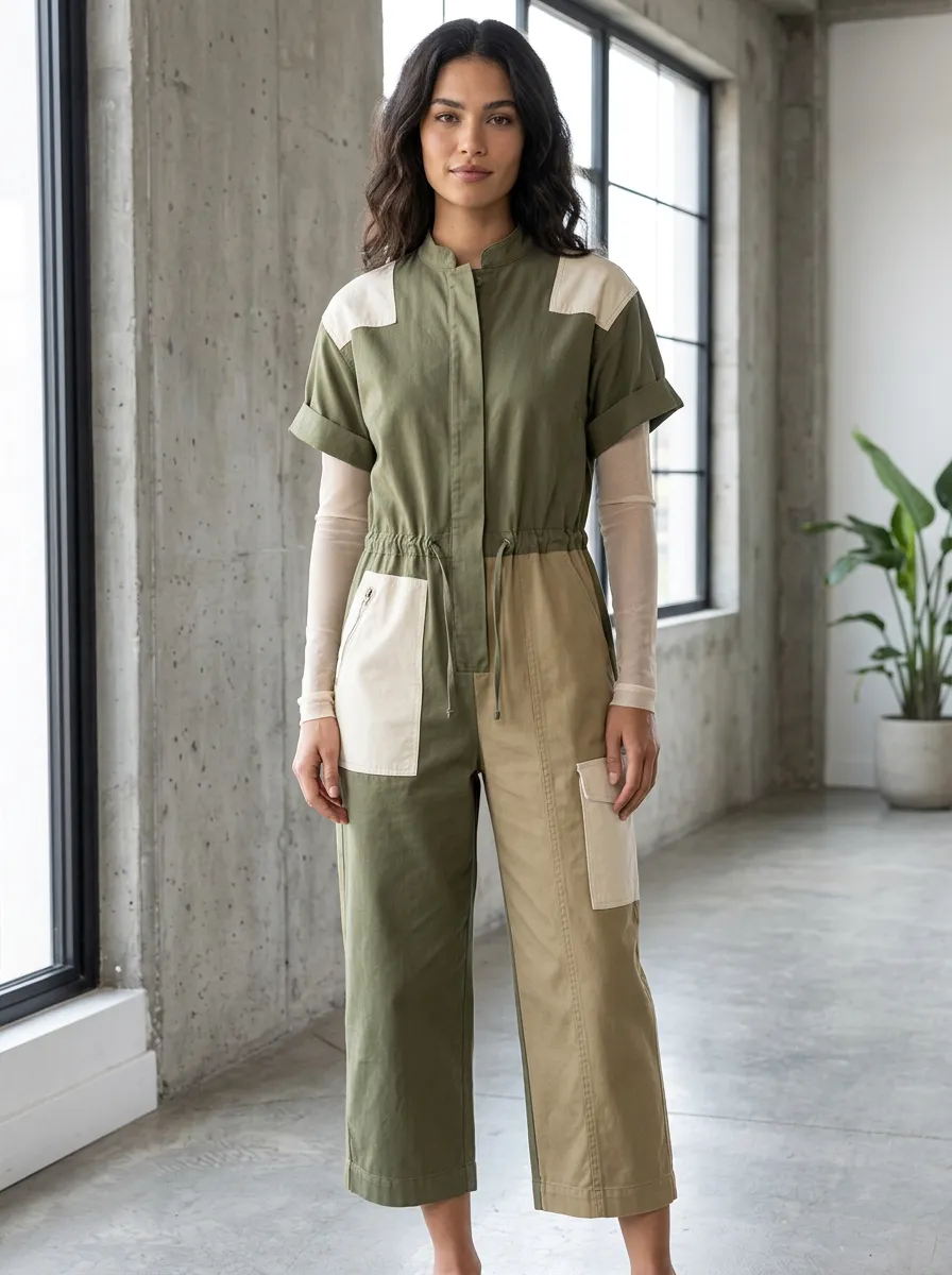 Women's Casual Utility Colorblock Patchwork Cotton Jumpsuit