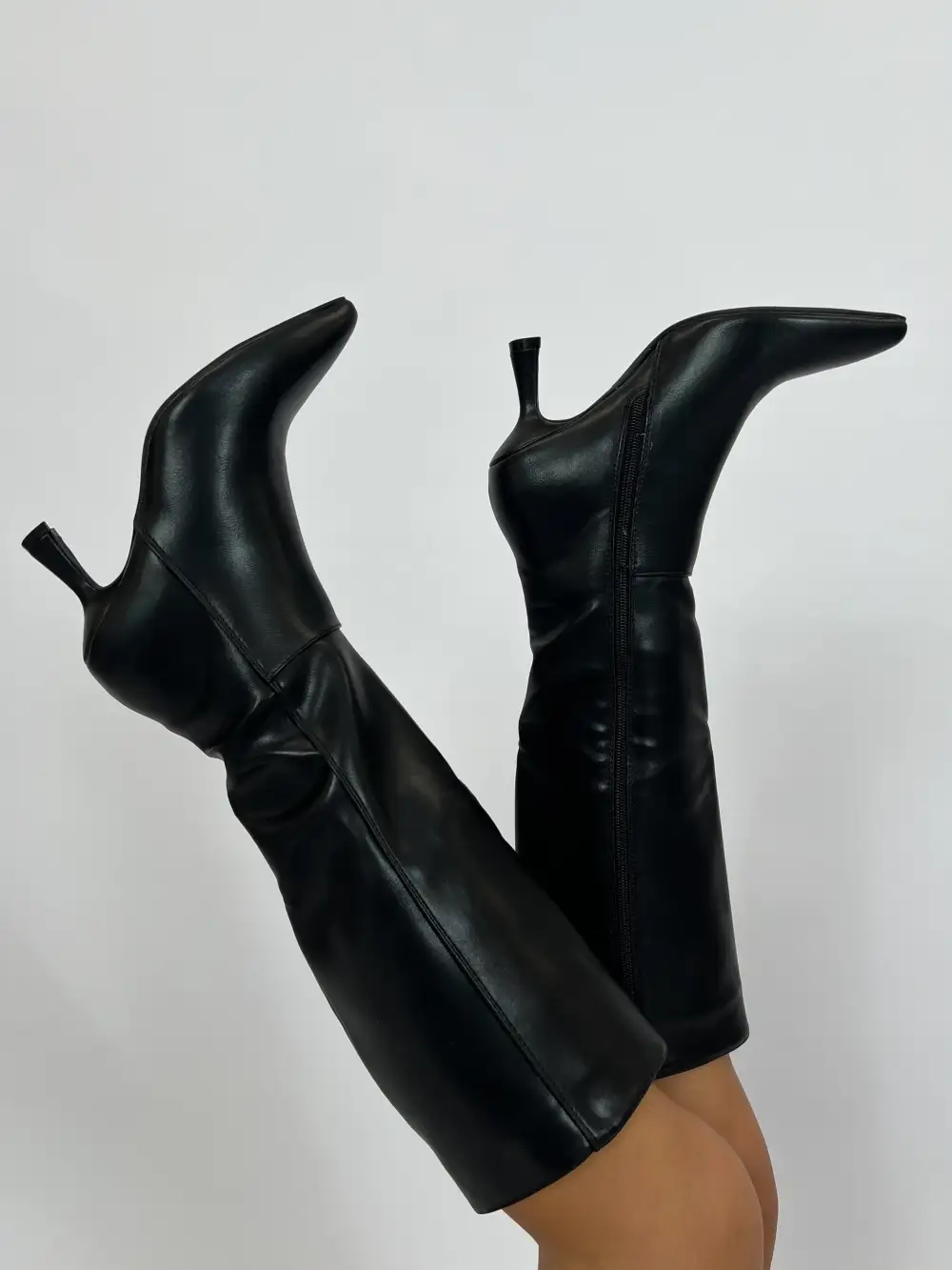 Smooth Leather Look Heeled Boots