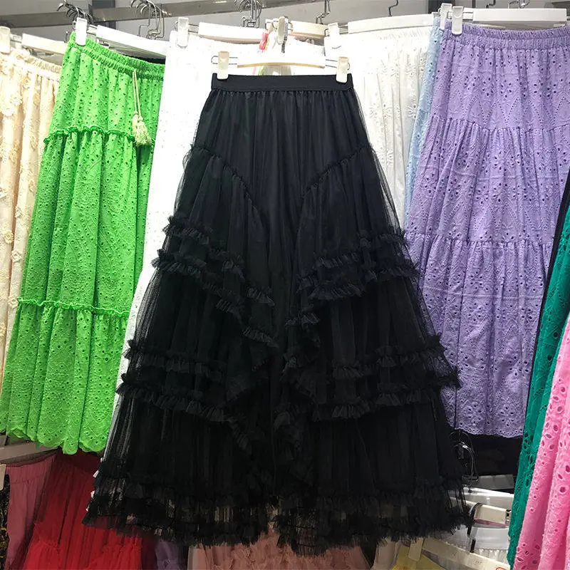 Layered Midi Skirt With Mesh Panel