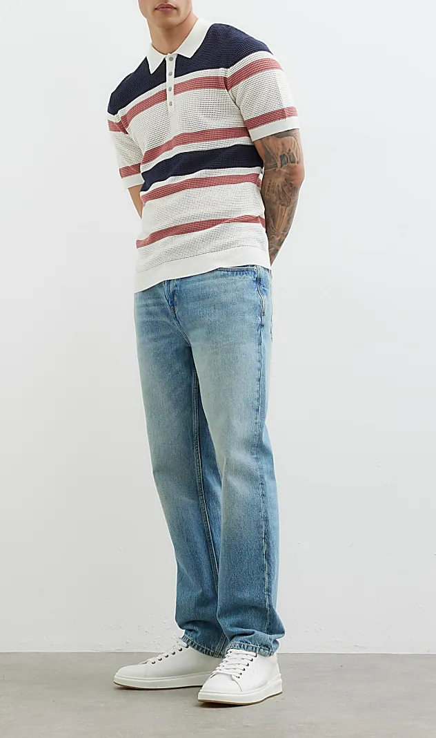 Men's Casual Fashion Multicolor Mesh Stripe Polo Shirt Short Sleeve