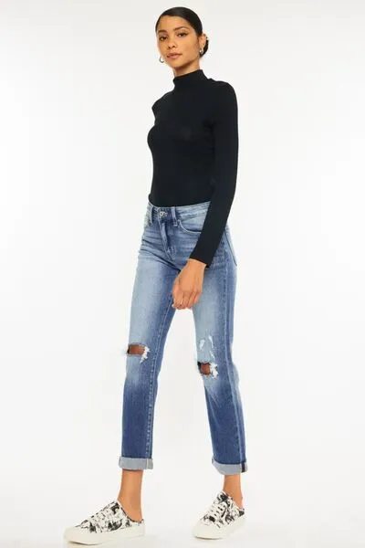 High Waist Distressed Hem Detail Cropped Denim Jeans