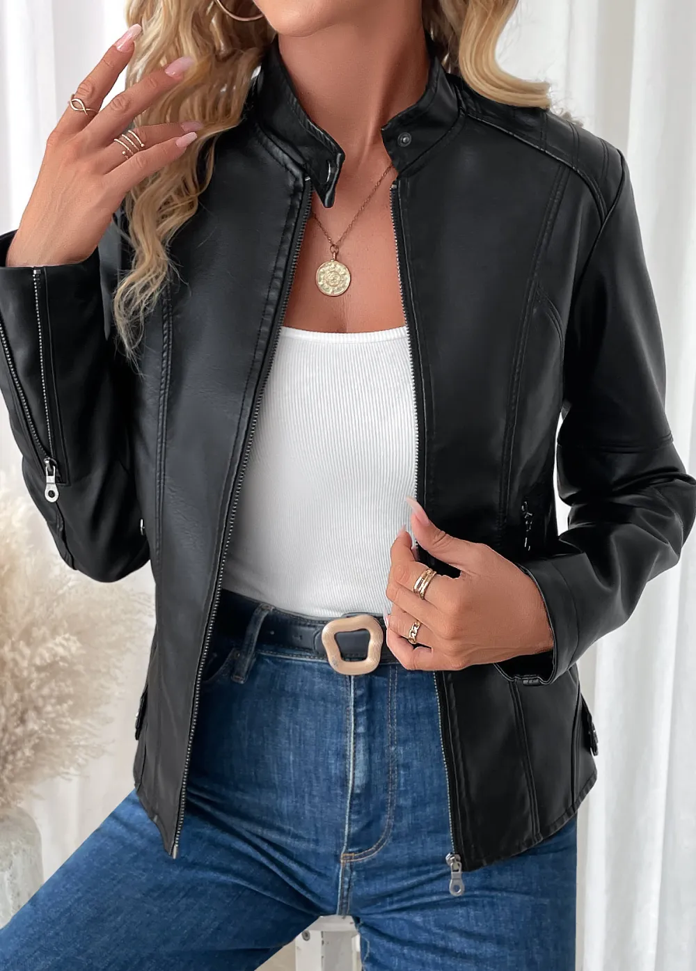Black Pocket Long Sleeve High Neck Coat