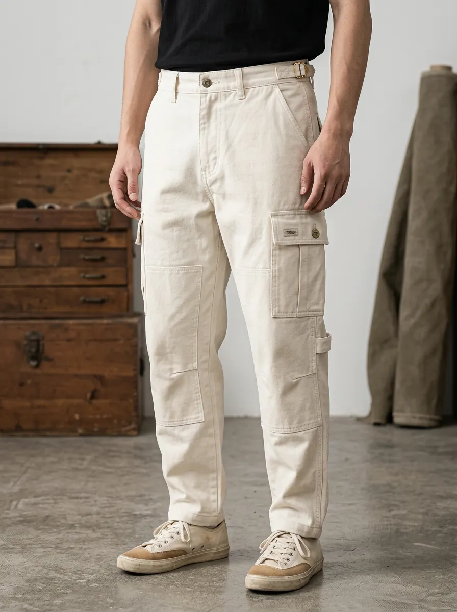 Men's Vintage Utility Off-White Cotton Cargo Pants