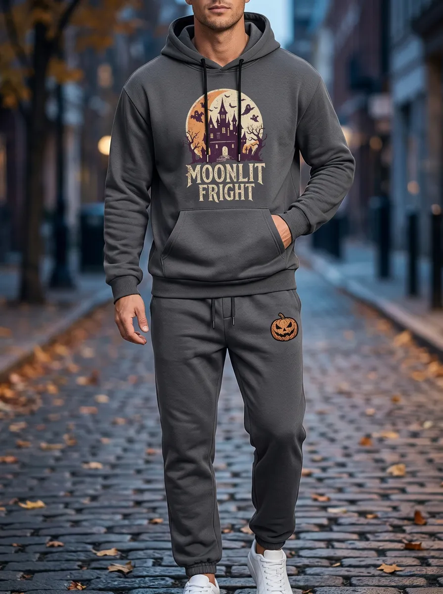 Men's Halloween Moonlit Fright Castle Pumpkin Printed Tracksuit