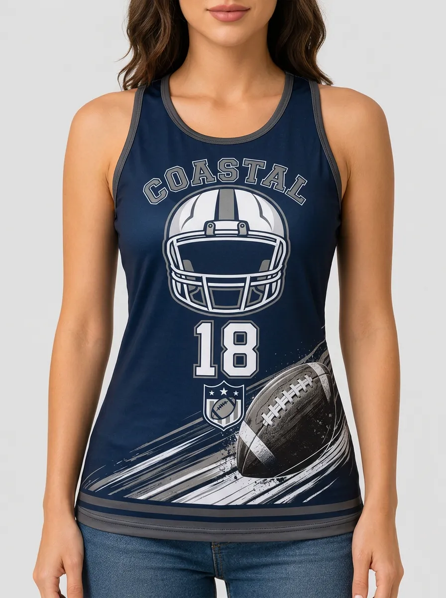 Women's Coastal Football Fan Helmet Number 18 Printed Tank Top