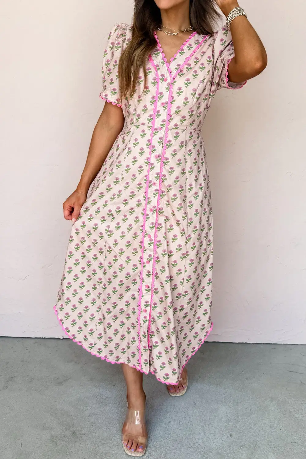 Floral Neck Scalloped Trim Maxi Dress