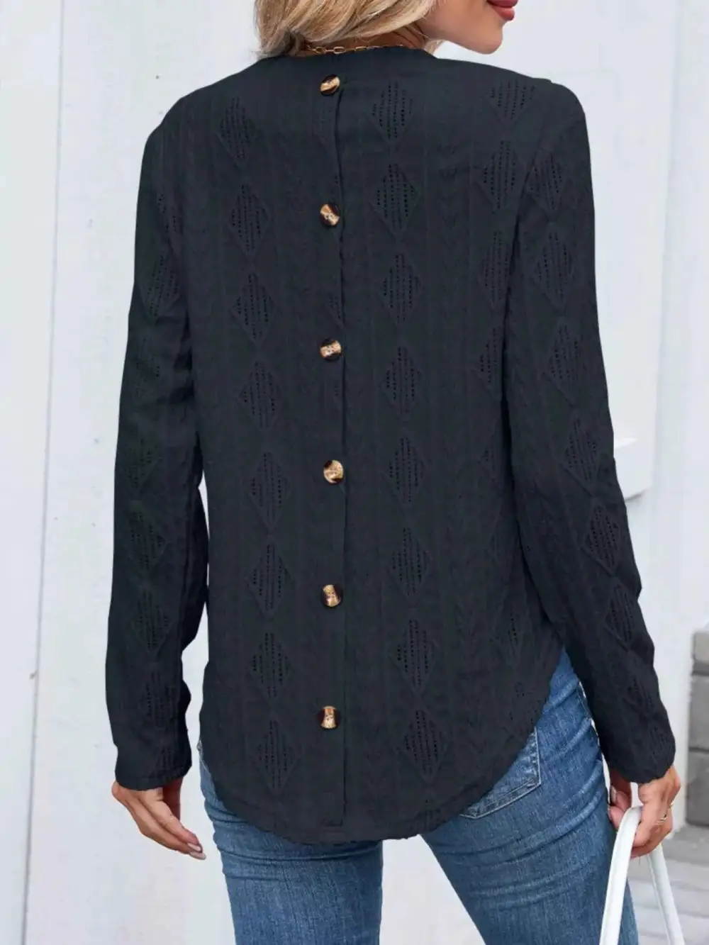 Openwork Textured Long Sleeve Top