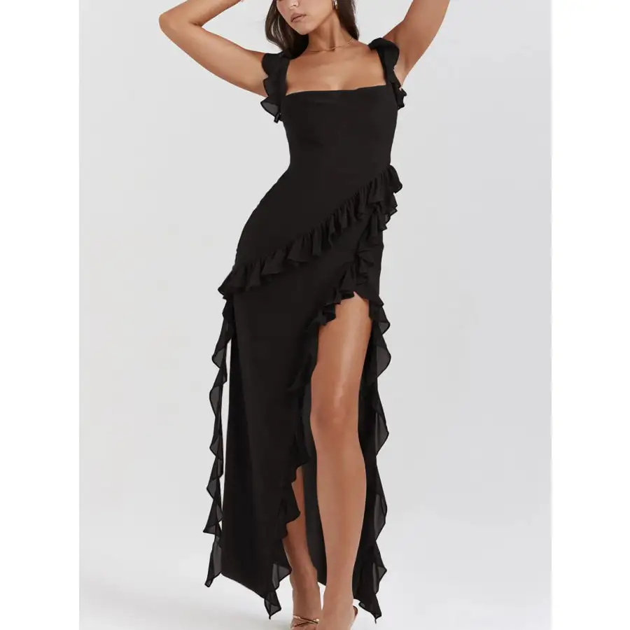 Split Ruffled Square Neck Maxi Dress