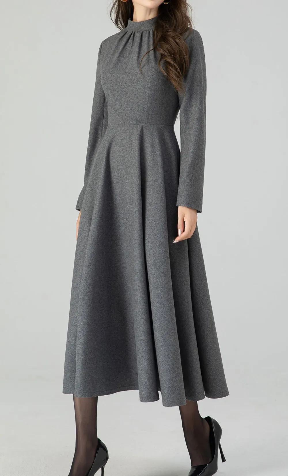 Refined Wool Blend Fit And Flare Wrap Long Sleeve Midi Dress