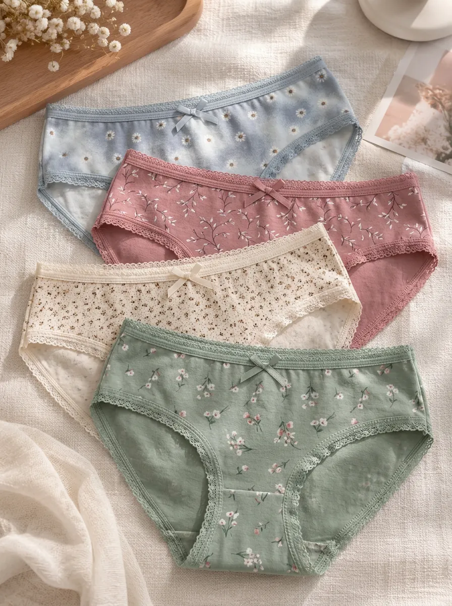 Women's Floral Pattern Lace Trim Printed Panties 4-Pack Set