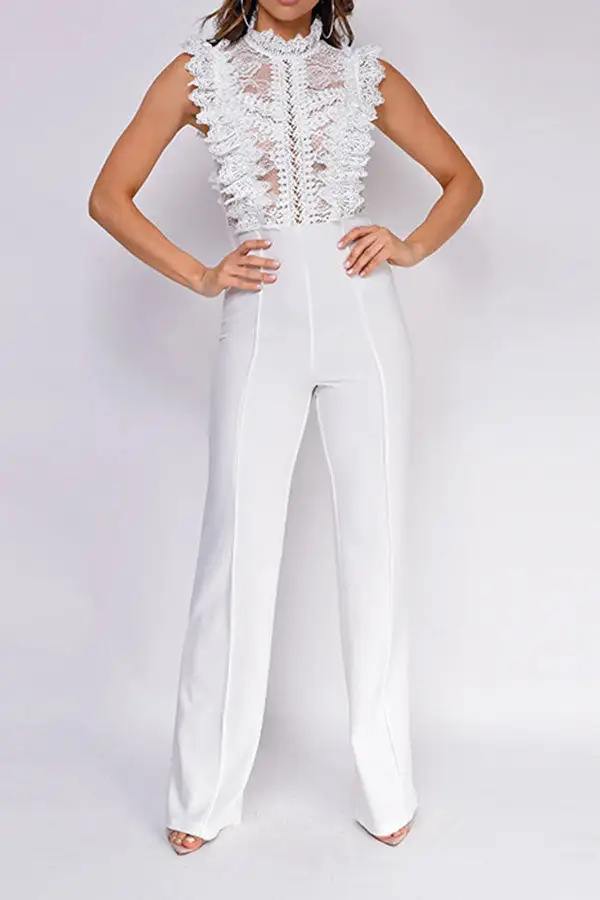 Lace Patchwork Ruffle Sheer Jumpsuit
