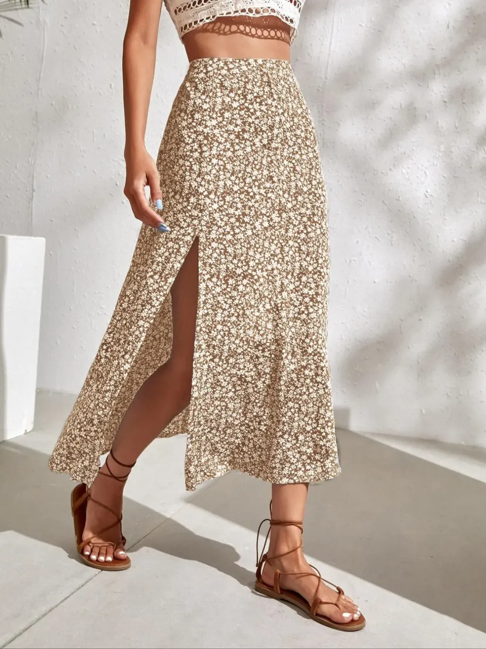 Women's Ditsy Floral Print Split Thigh A Line Skirt