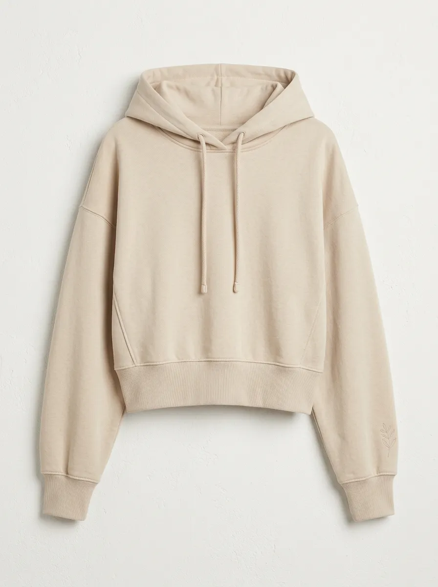 Women's Minimalist Beige Leaf Embroidered Cropped Hoodie