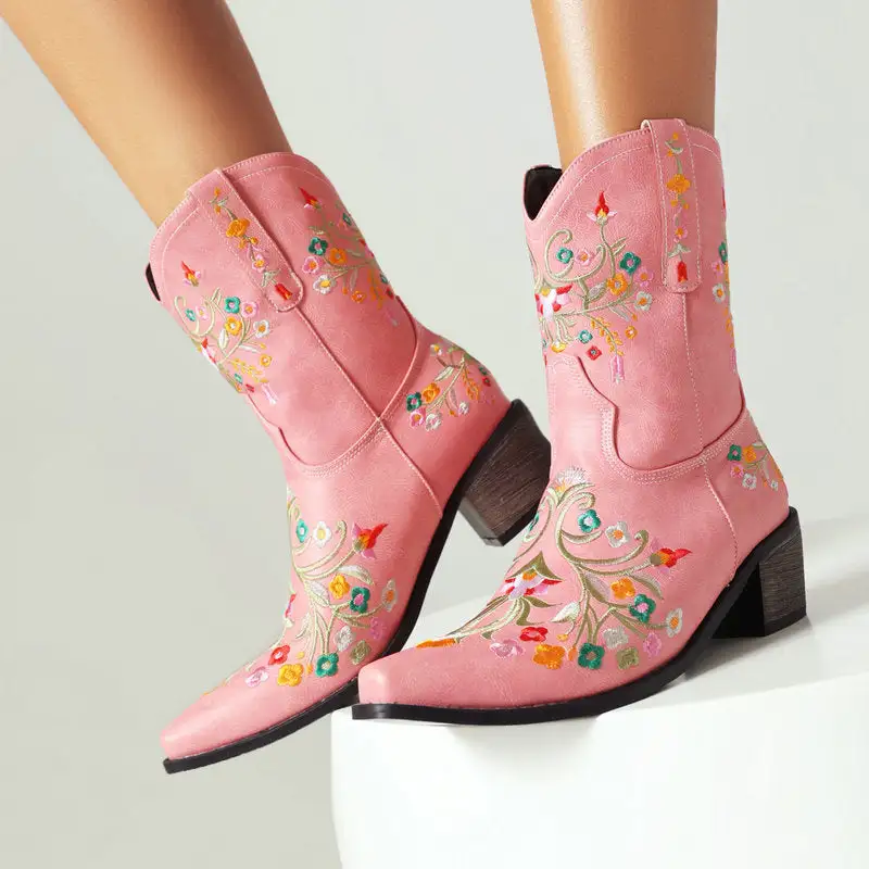 Flower Embroidered Chunky-Heel Cowboy Boots