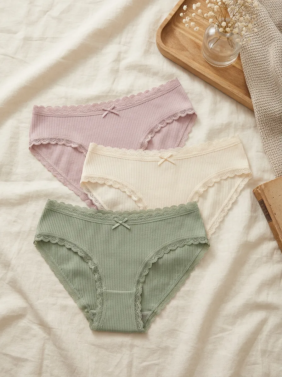 Women's Lace Trim Ribbed Bow Detail 3-Pack Underwear Set