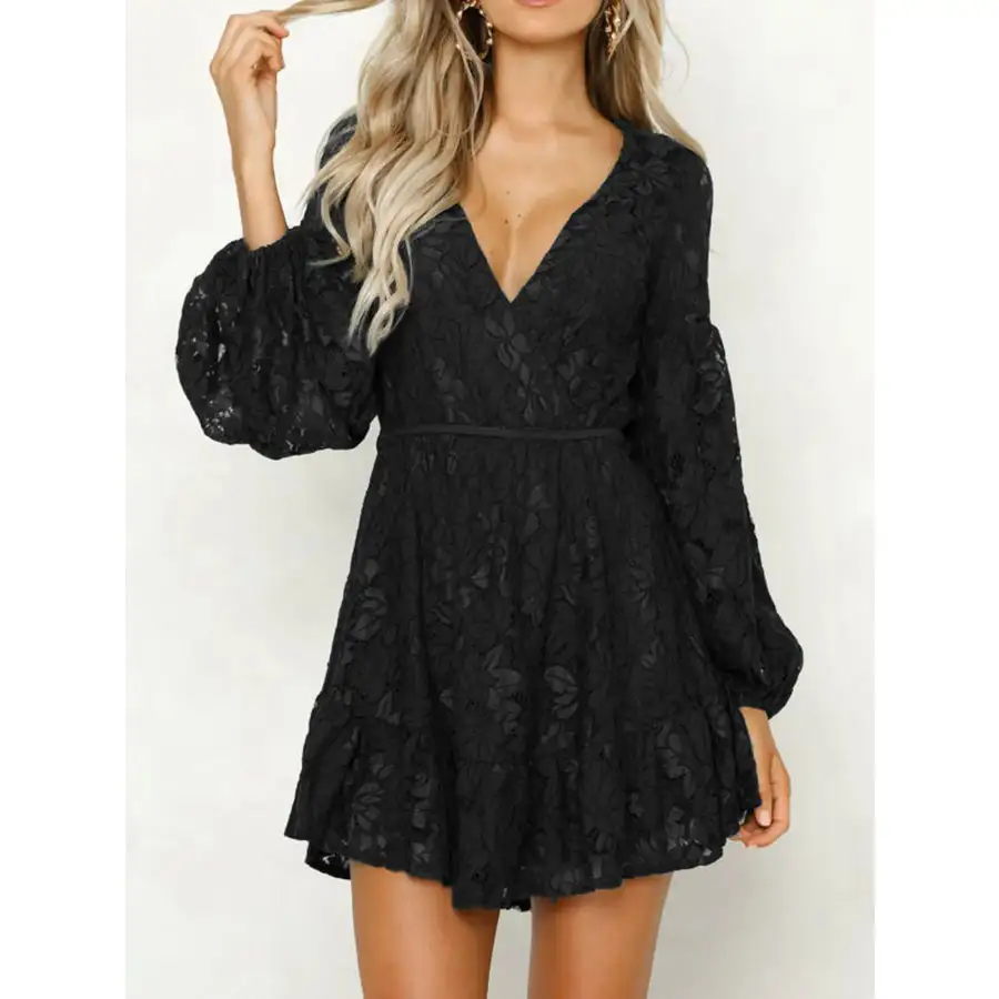 Lace V-Neck Long Sleeve Mini Dress