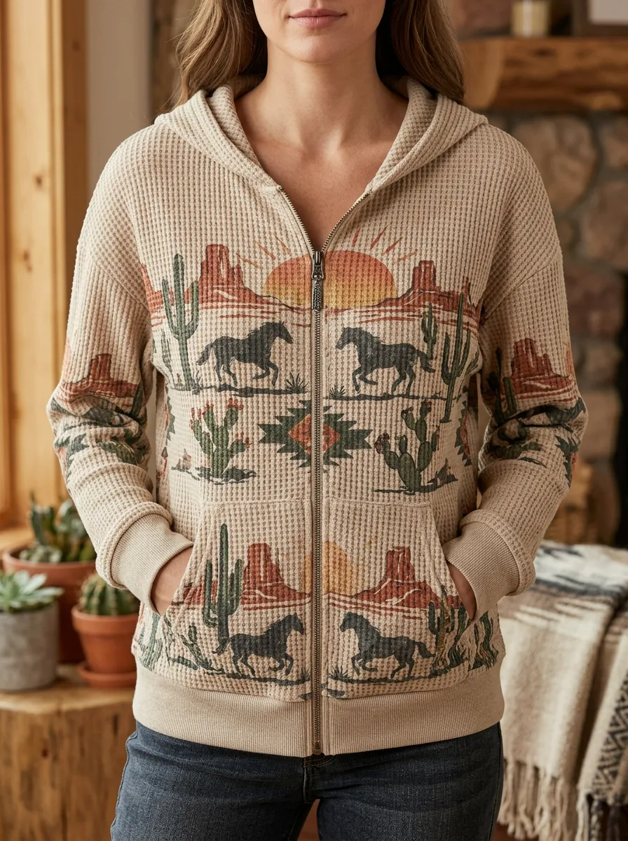 Women's Western Horse Cactus Desert Signature Artwork Waffle Zip-Up Hoodie