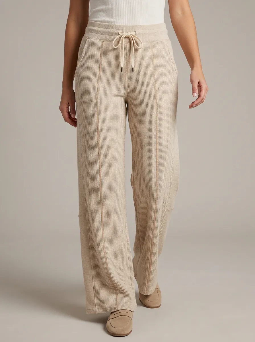 Women's Casual Lounge Waffle Knit Drawstring Wide Leg Pants