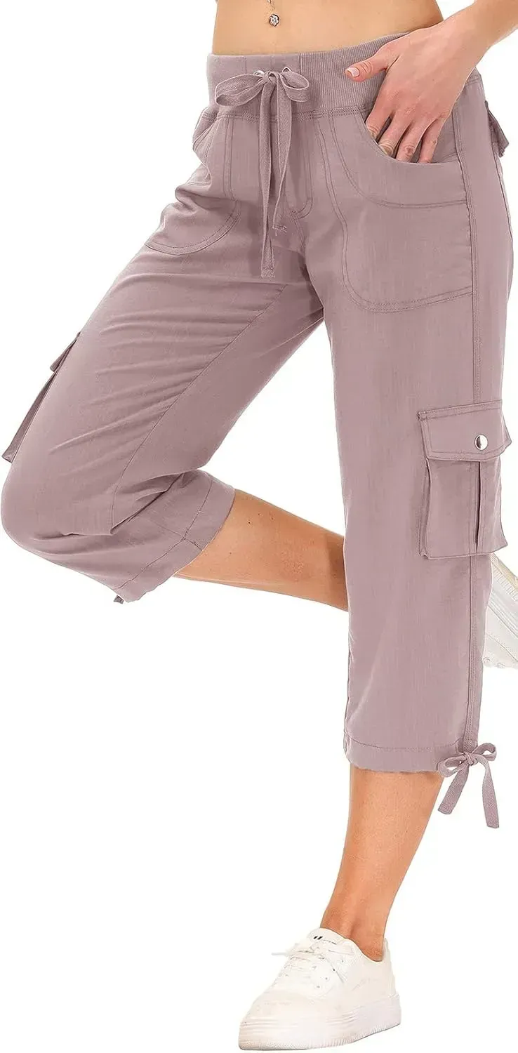 MoFiz Womens Capris with Pockets Loose Fit Casual Capri Pants Dressy Lightweight Ladies Baggy Cargo Pants for Hiking