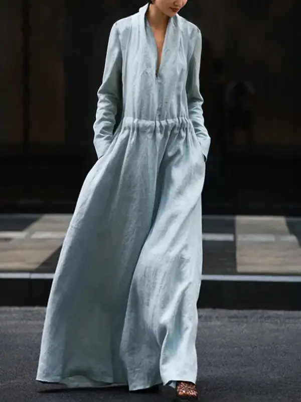 Sleeves Elasticity Long Neck Maxi Dress