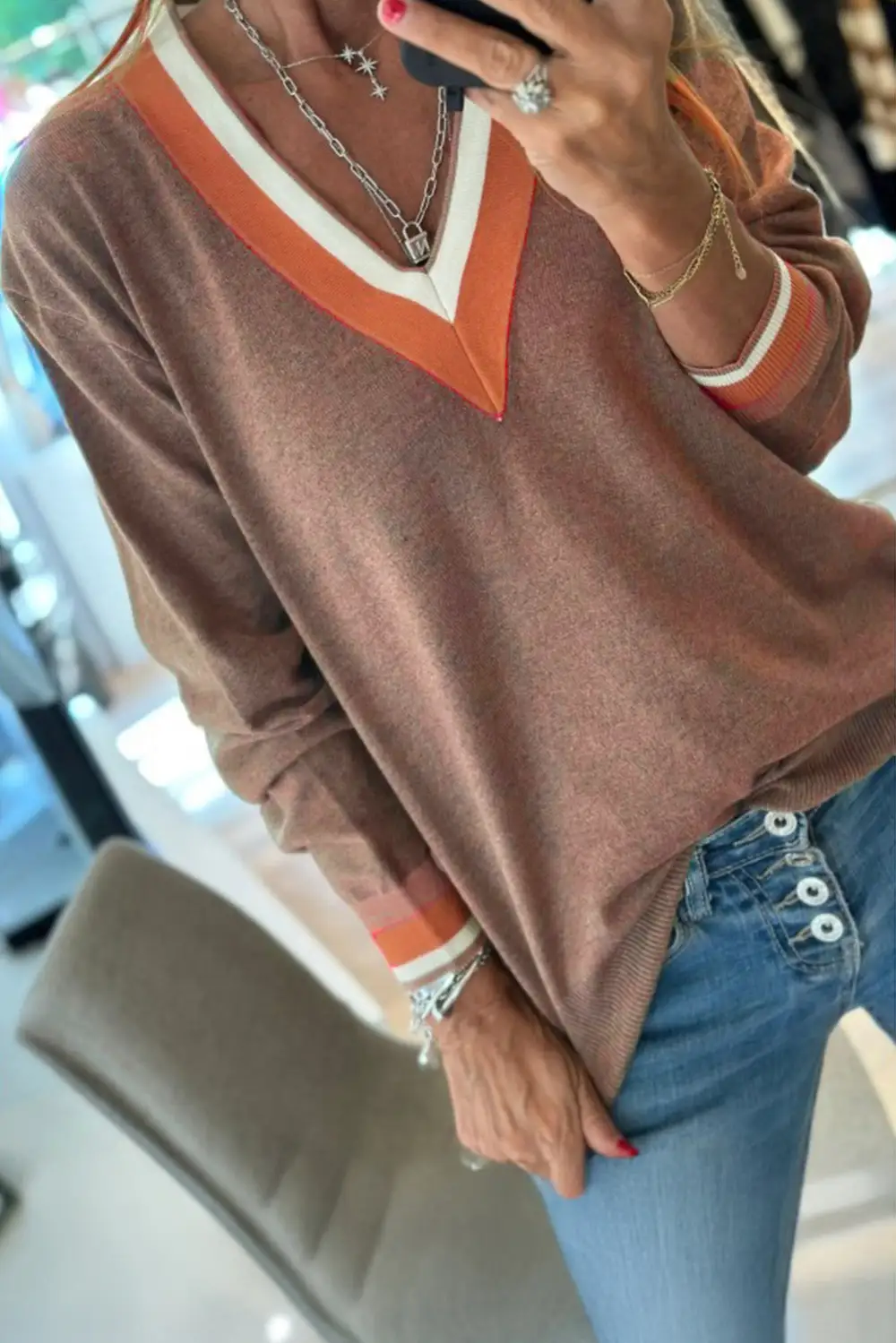 Striped Knit V Neck Sweater