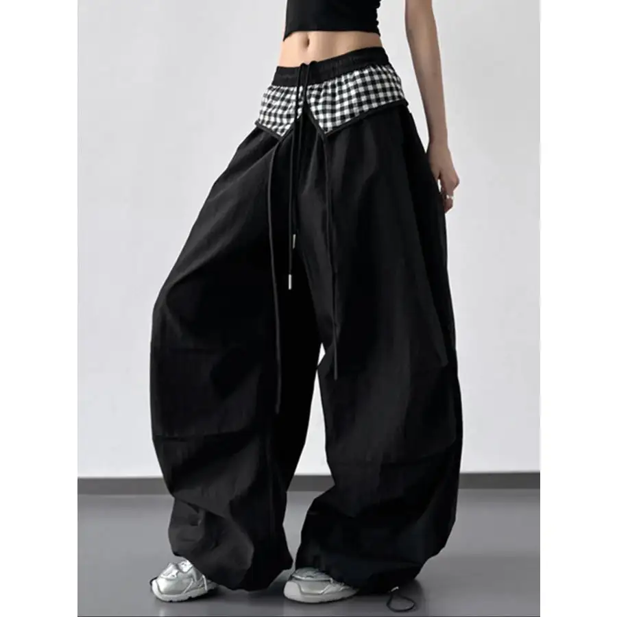 Wide Leg Pants with Checkered Detail