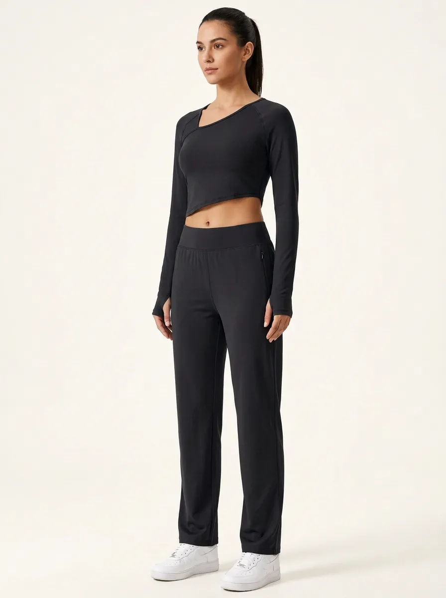 Women's Layered Asymmetric Thumbhole Crop Top and Straight-Leg Pant Set