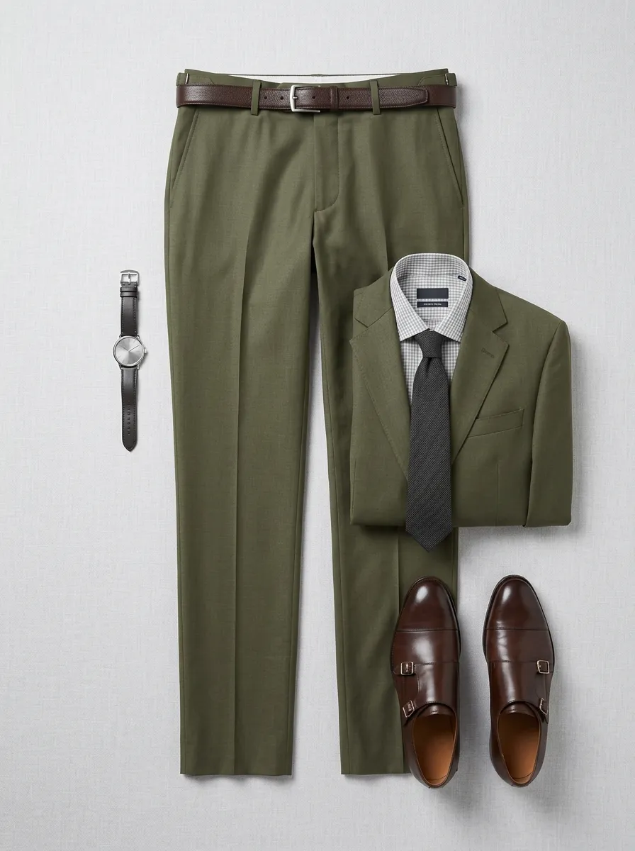 Side-Adjuster Textured Straight-Leg Pressed-Crease Men's Tailored Suit Trousers