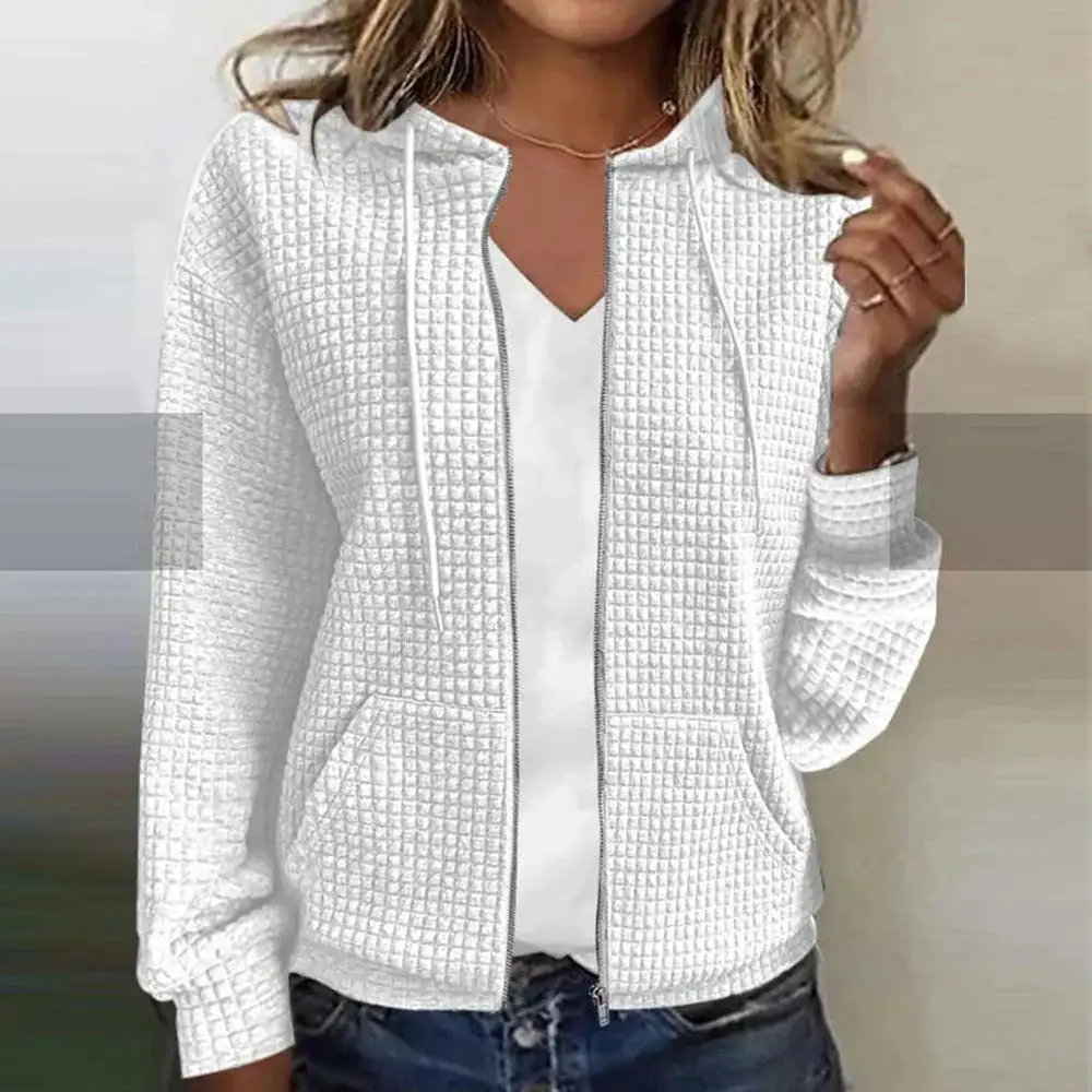  Waffle Knit Zip Up Hooded Jacket