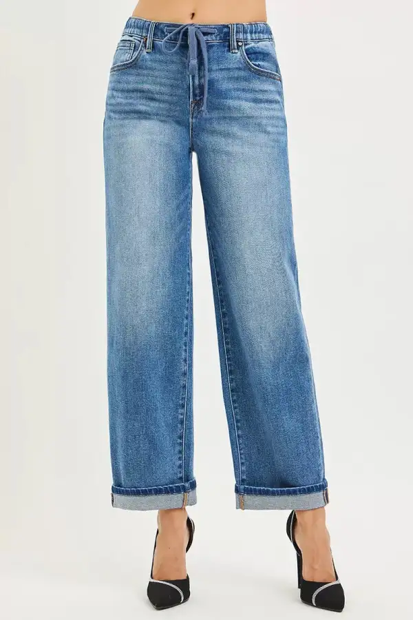 Elastic Waist Cuffed Hem Slouchy Jeans