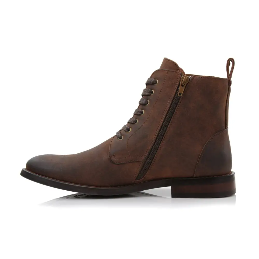Faux-Leather Burnished Lace-Up Ankle Boots