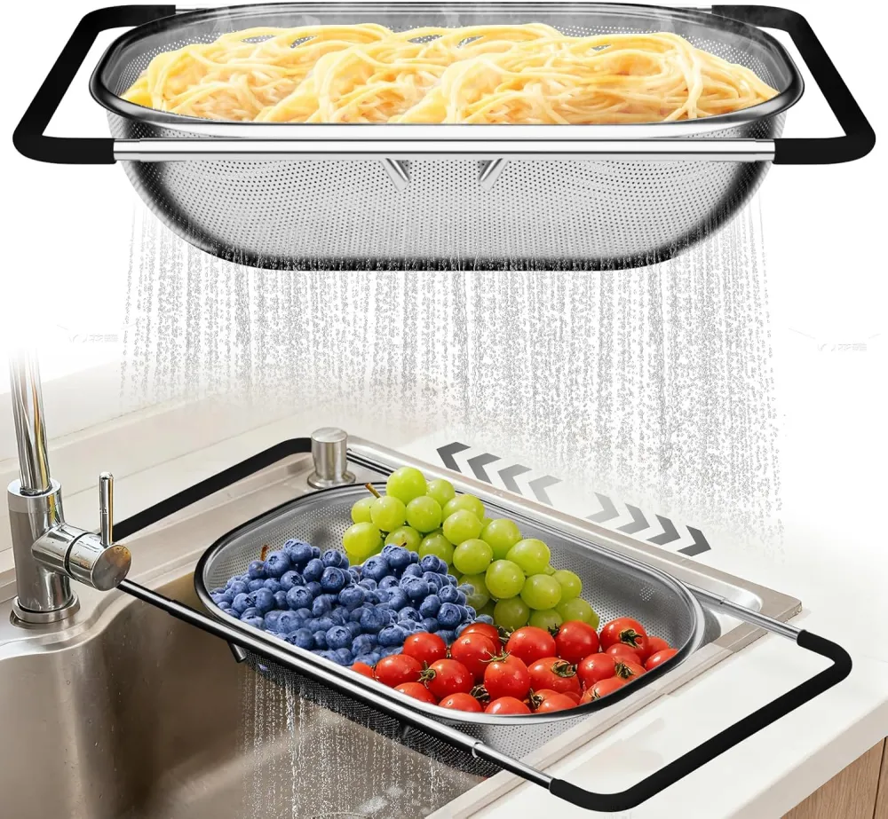 Expandable Fine‑Mesh Sink Strainer Basket with Rubber Handles, Sink Filter Basket for Vegetables, Fruits, Pasta, Must‑Have for Home Kitchen