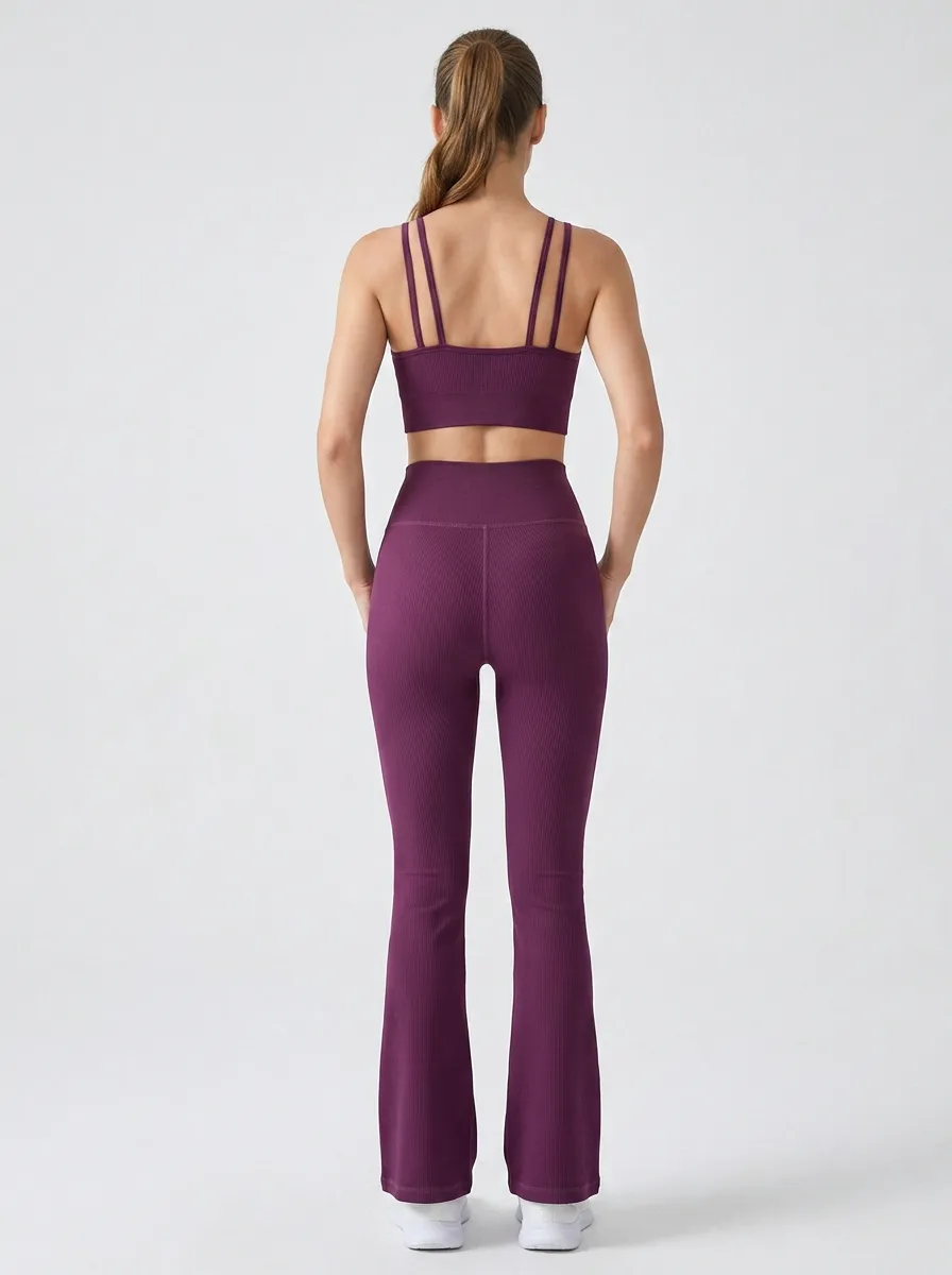 Ribbed Strappy Yoga Fitness Women's Tank Top Flare Pants Active Set