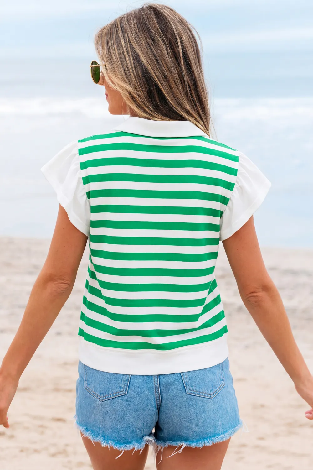Green Stripe Collar V Neck Blouse