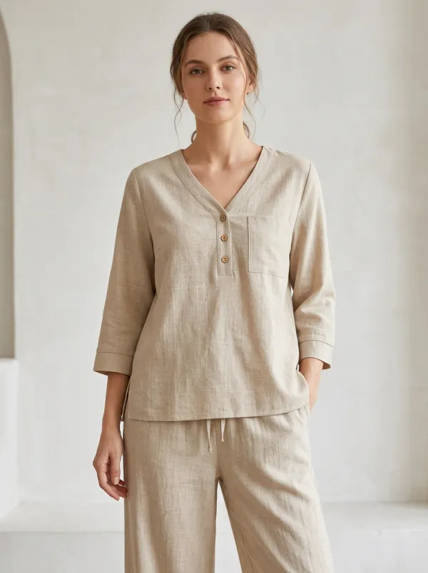 Pocket Three-Quarter-Sleeve Women's V-Neck Shirt