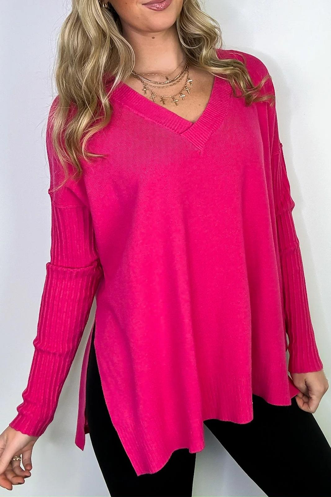 V-Neck Ribbed Hem Sweater