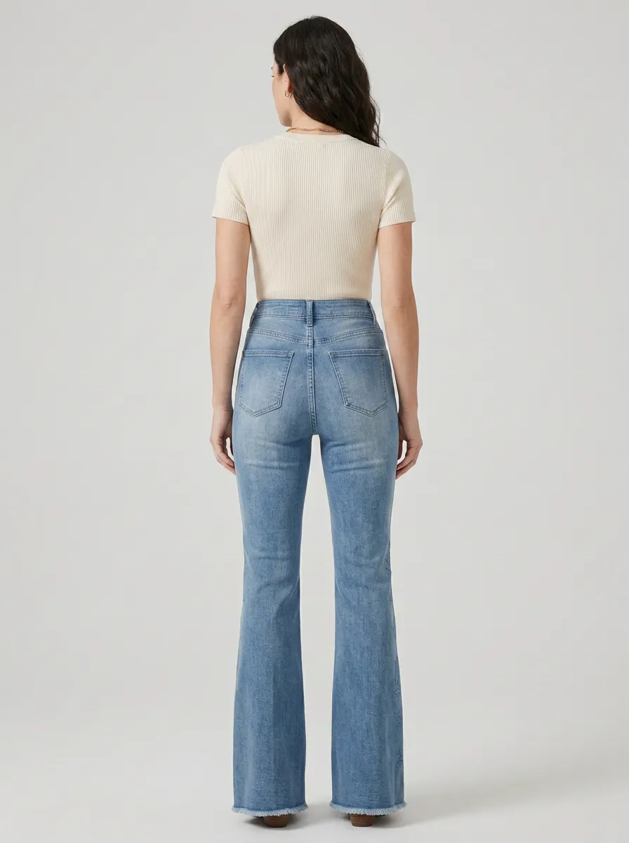 Women's Boho Inspired Floral Embroidered Stitch Detail High Rise Flare Jeans