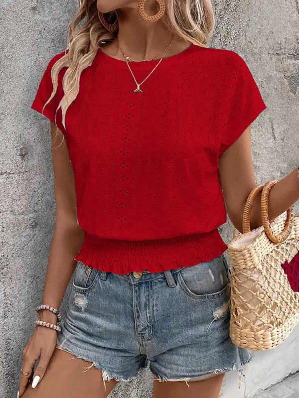 Relaxed Short Sleeve Elasticity Cutout Jacquard Round Neck T-Shirt
