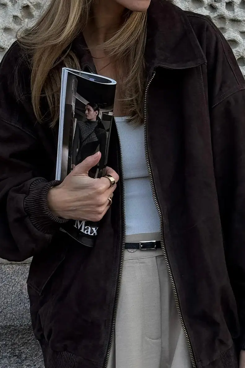 BITTER CHOC SUEDE BOMBER COAT