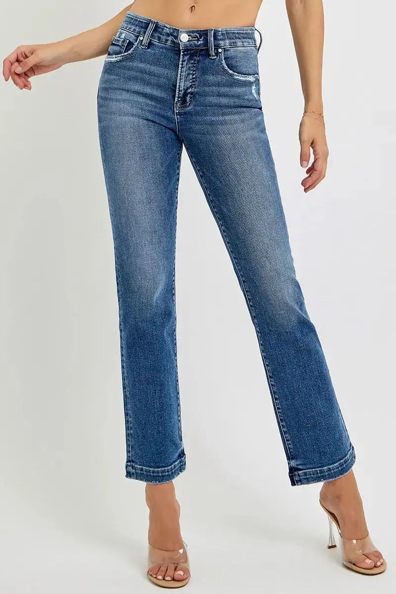 Mid Rise Elastic Waist Released Hem Straight Leg Jeans
