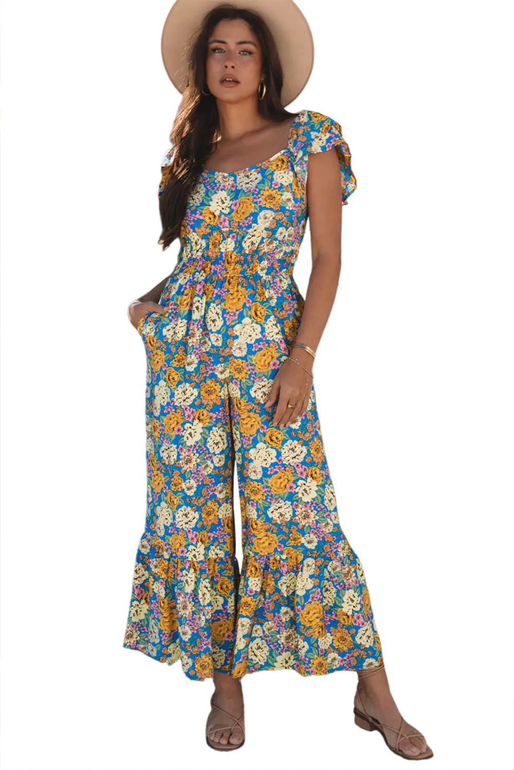 Floral Allover Print Shirred Panel Detail Jumpsuit